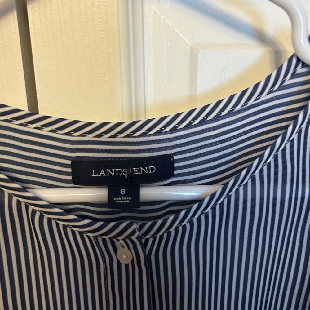 Lands' End Navy and White Striped Top with mandarin collar